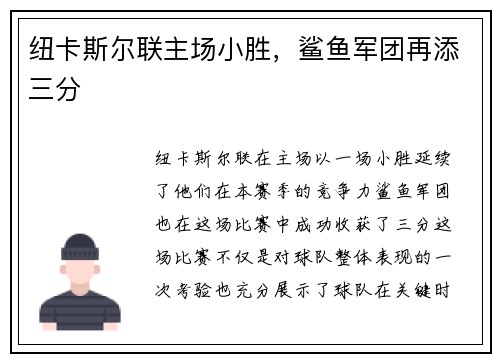 纽卡斯尔联主场小胜，鲨鱼军团再添三分